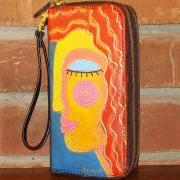 Hand Painted Wristlet Clutch Purse Wallet Funky Abstract Painting of a Woman and the Sun