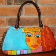 Hand Painted Handbag Purse Shoulder Bag Funky Abstract Portrait of a Woman