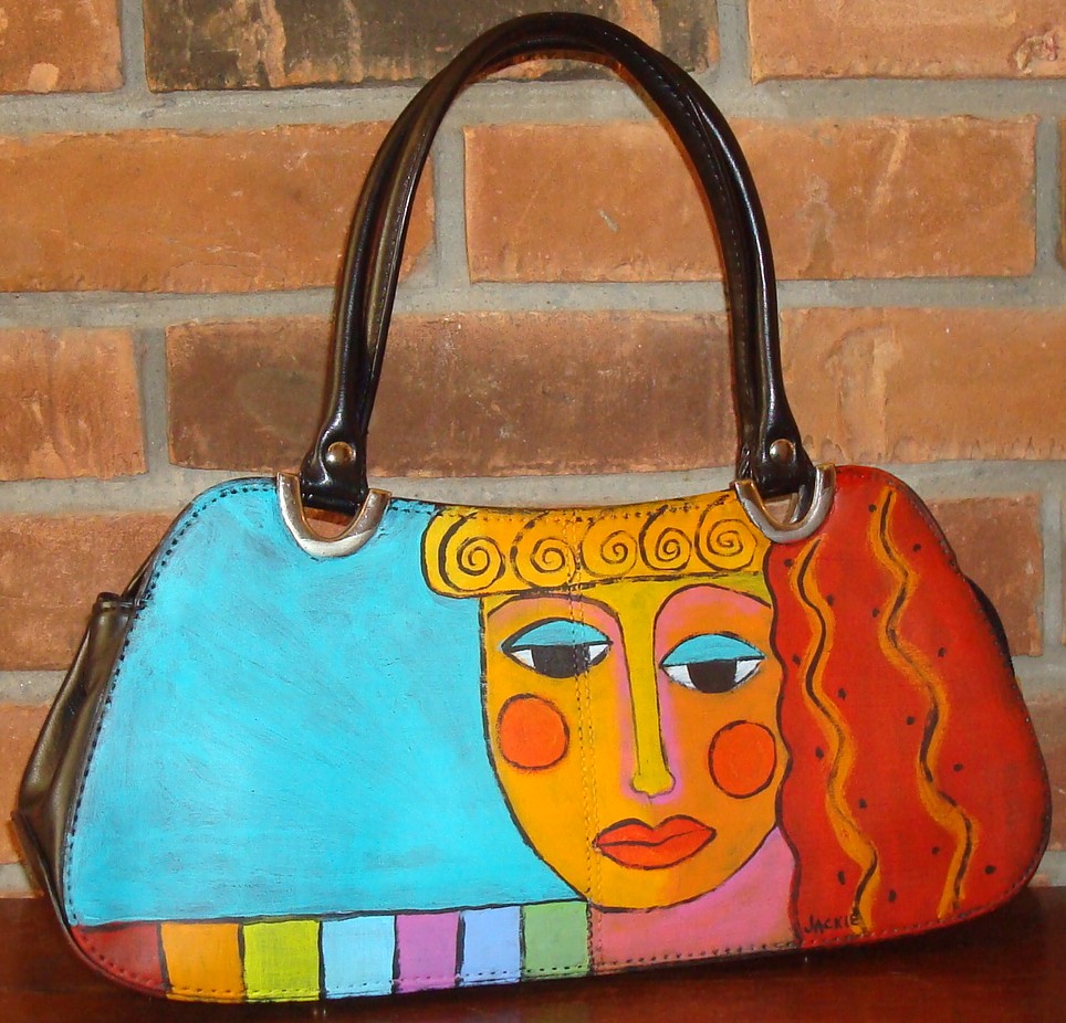 Hand Painted Handbag Purse Shoulder Bag Funky Abstract Portrait Of