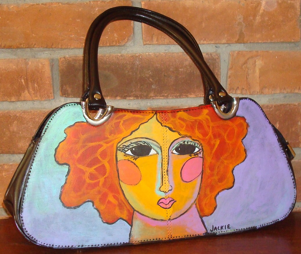 Hand Painted Handbag Purse Shoulder Bag Funky Abstract Portrait Of