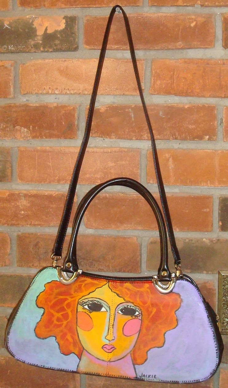 Hand Painted Handbag Purse Shoulder Bag Funky Abstract Portrait Of